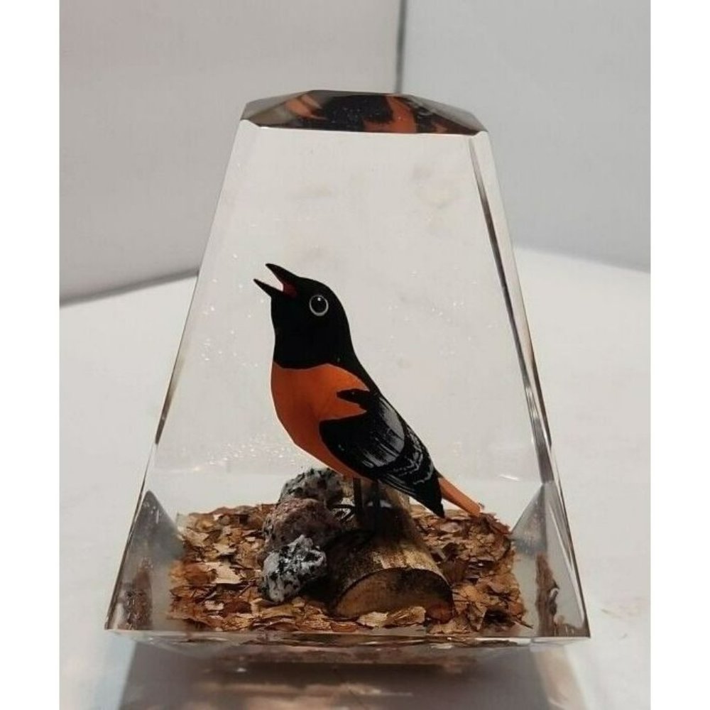 Acrylic Paperweight With Orange and Black Bird On A Branch Inside 4.25" by 5"